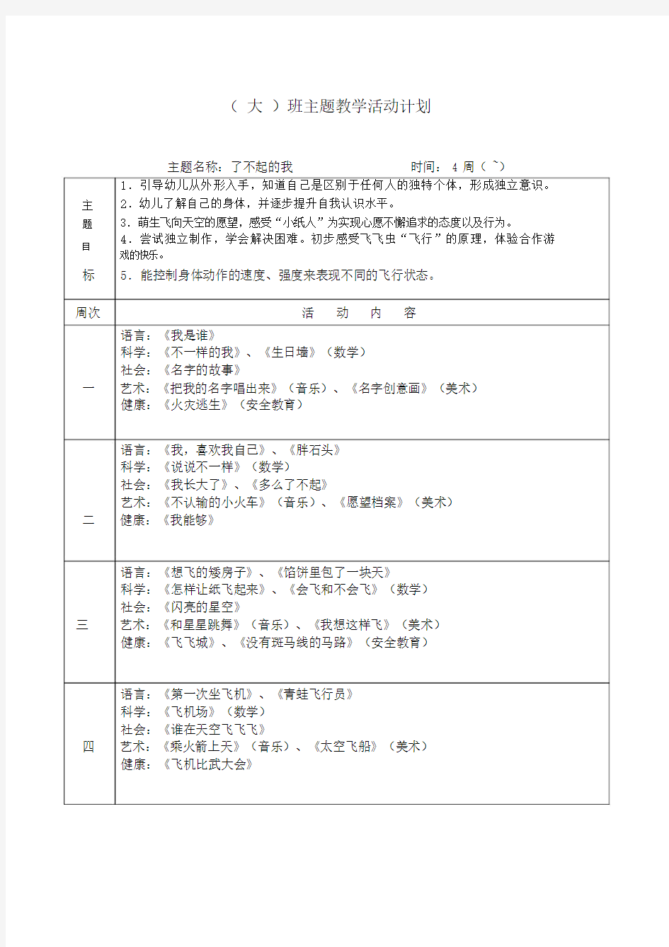 幼儿园的大班的第二学期主题计划模板93017.doc