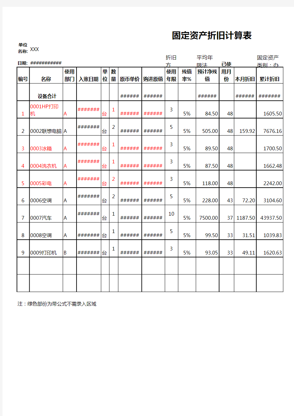 固定资产折旧计算表格模板