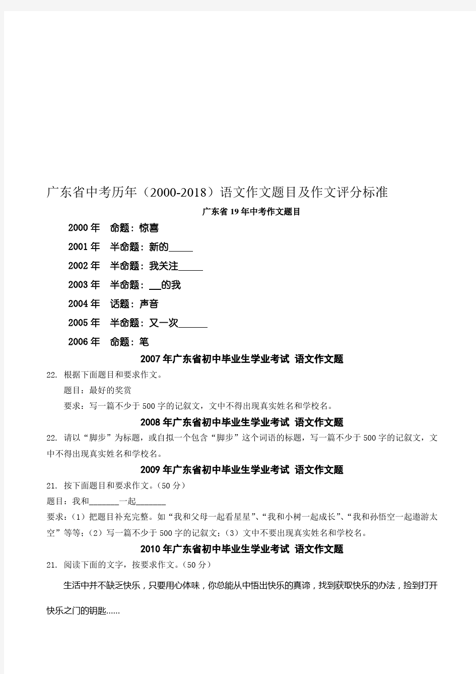 2019-2020年整理广东省中考语文历年(2000-2018)作文题目及作文评分标准汇编