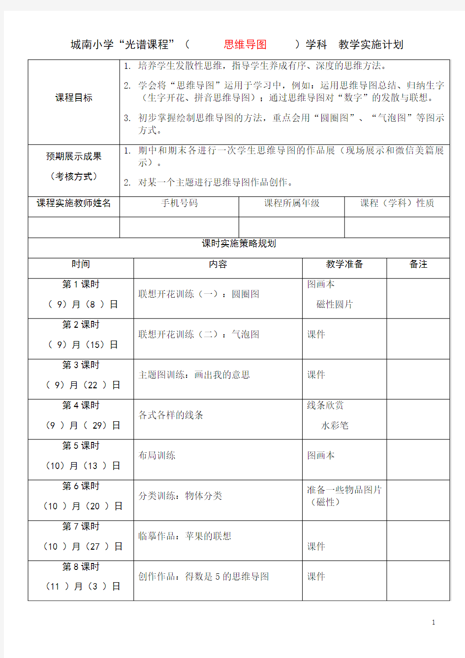 城南小学“光谱课程”( 思维导图 )学科 教学实施计划