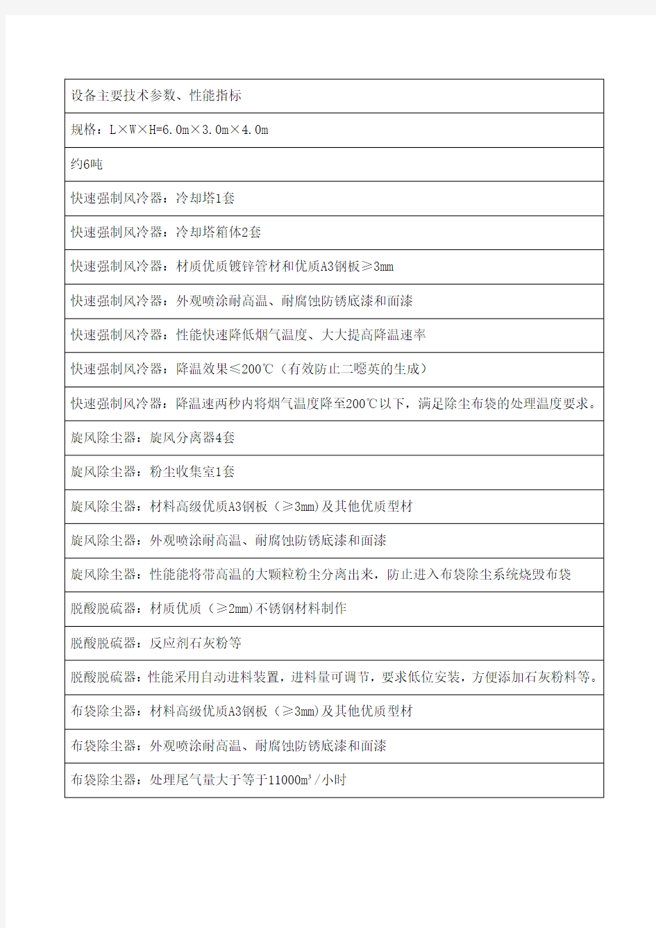 设备主要技术参数、性能指标