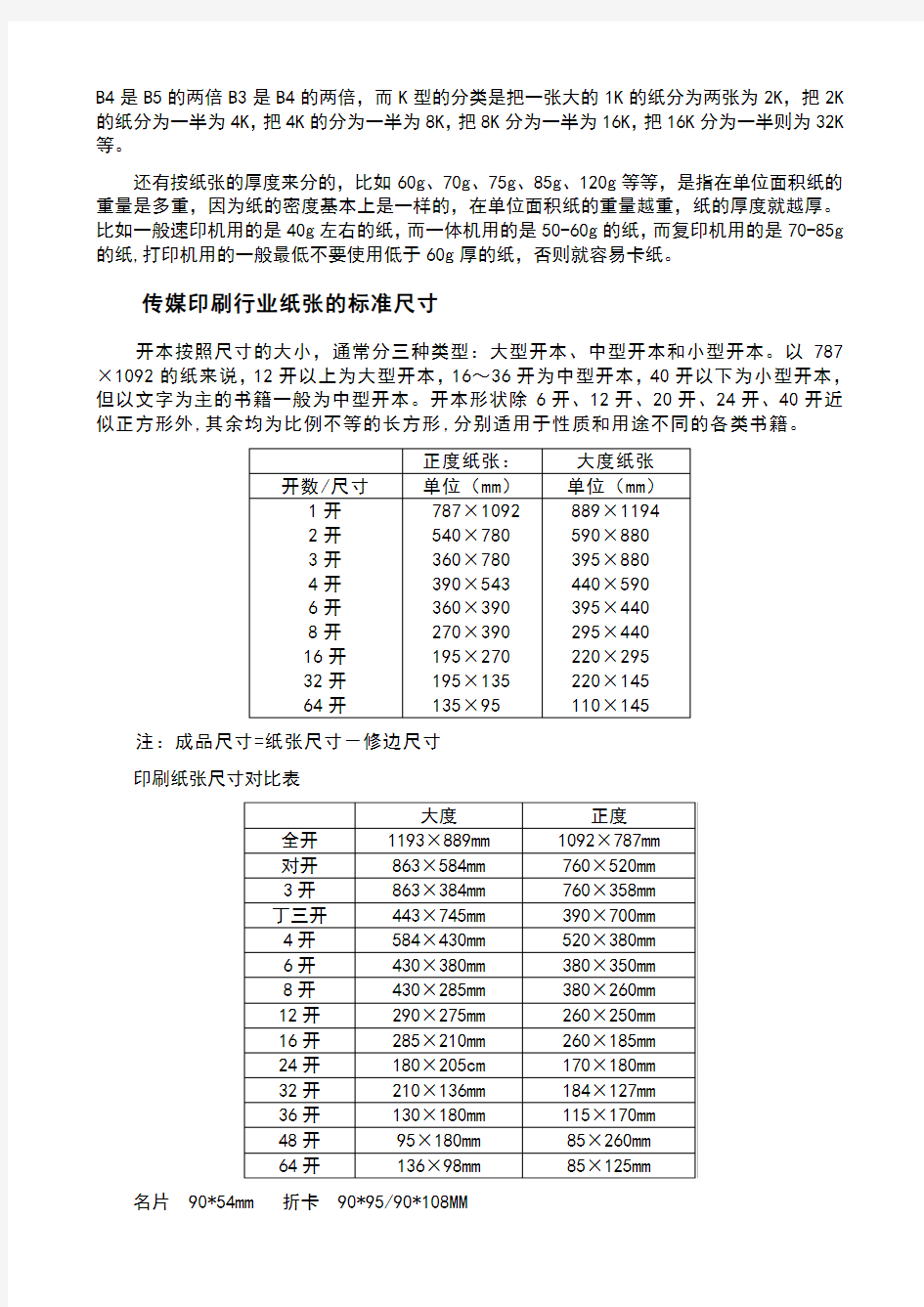 常用纸张尺寸大小