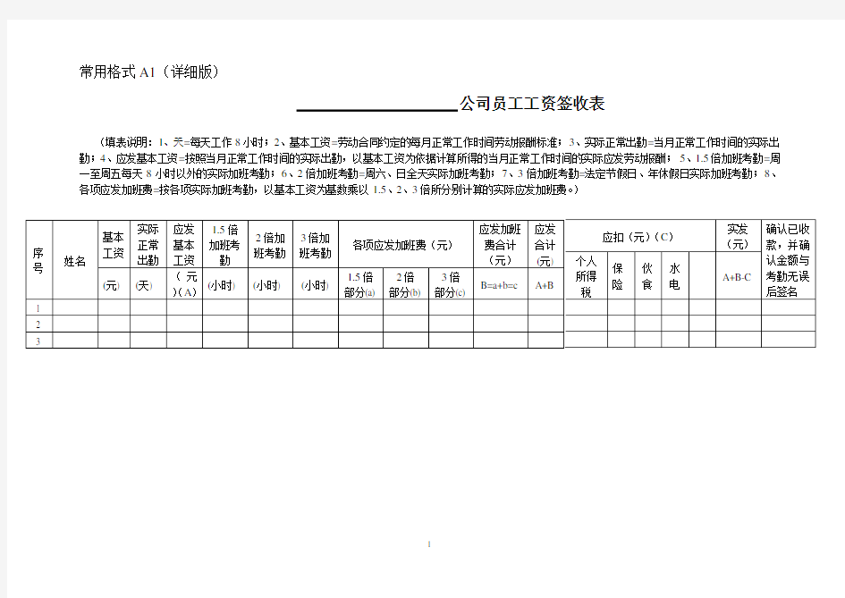 公司员工工资签收表