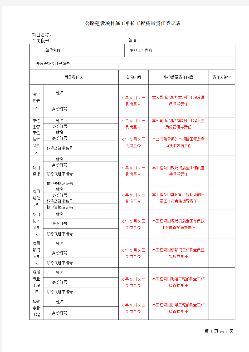 单位工程质量责任登记表