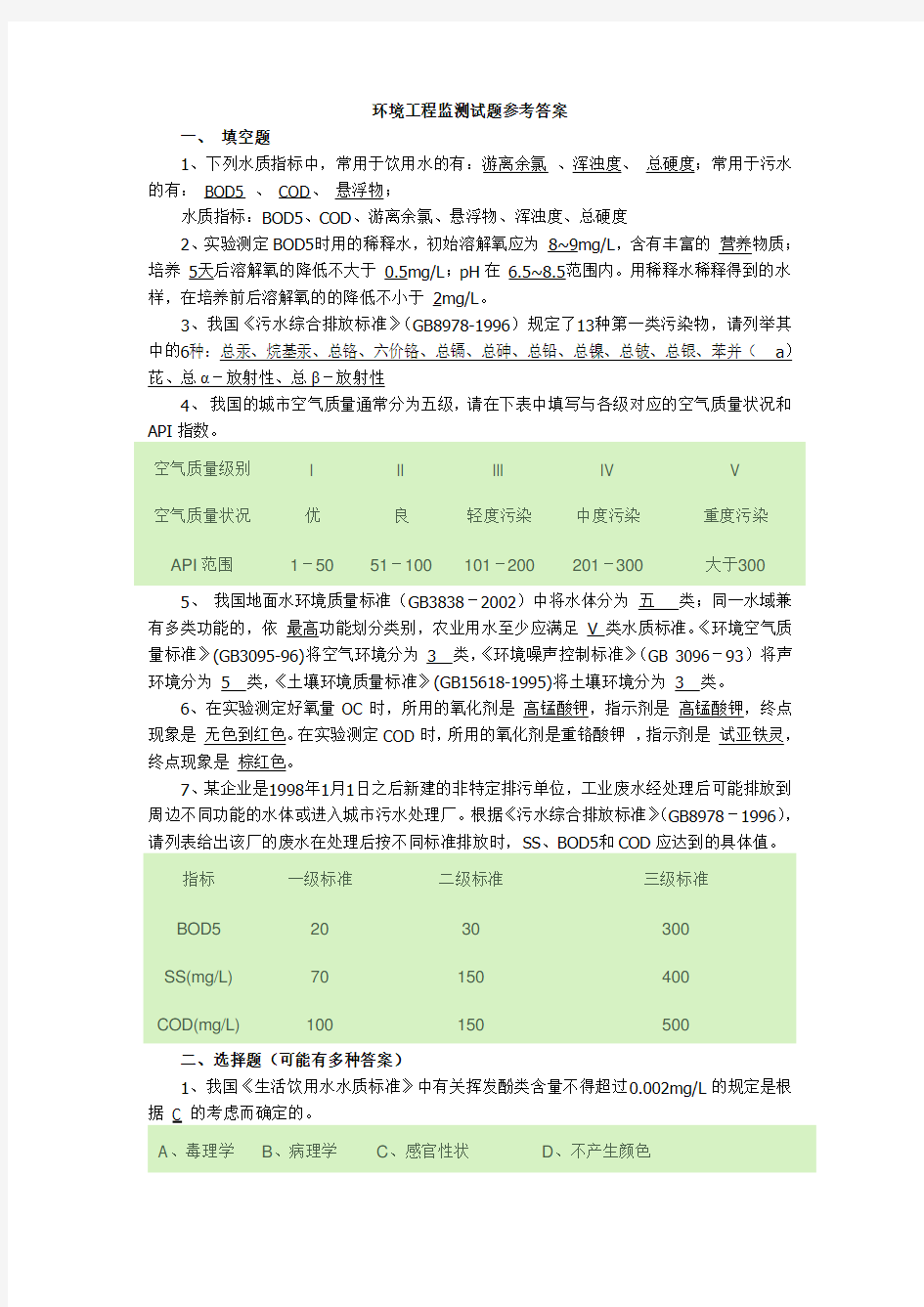 环境工程监测试题参考答案.doc