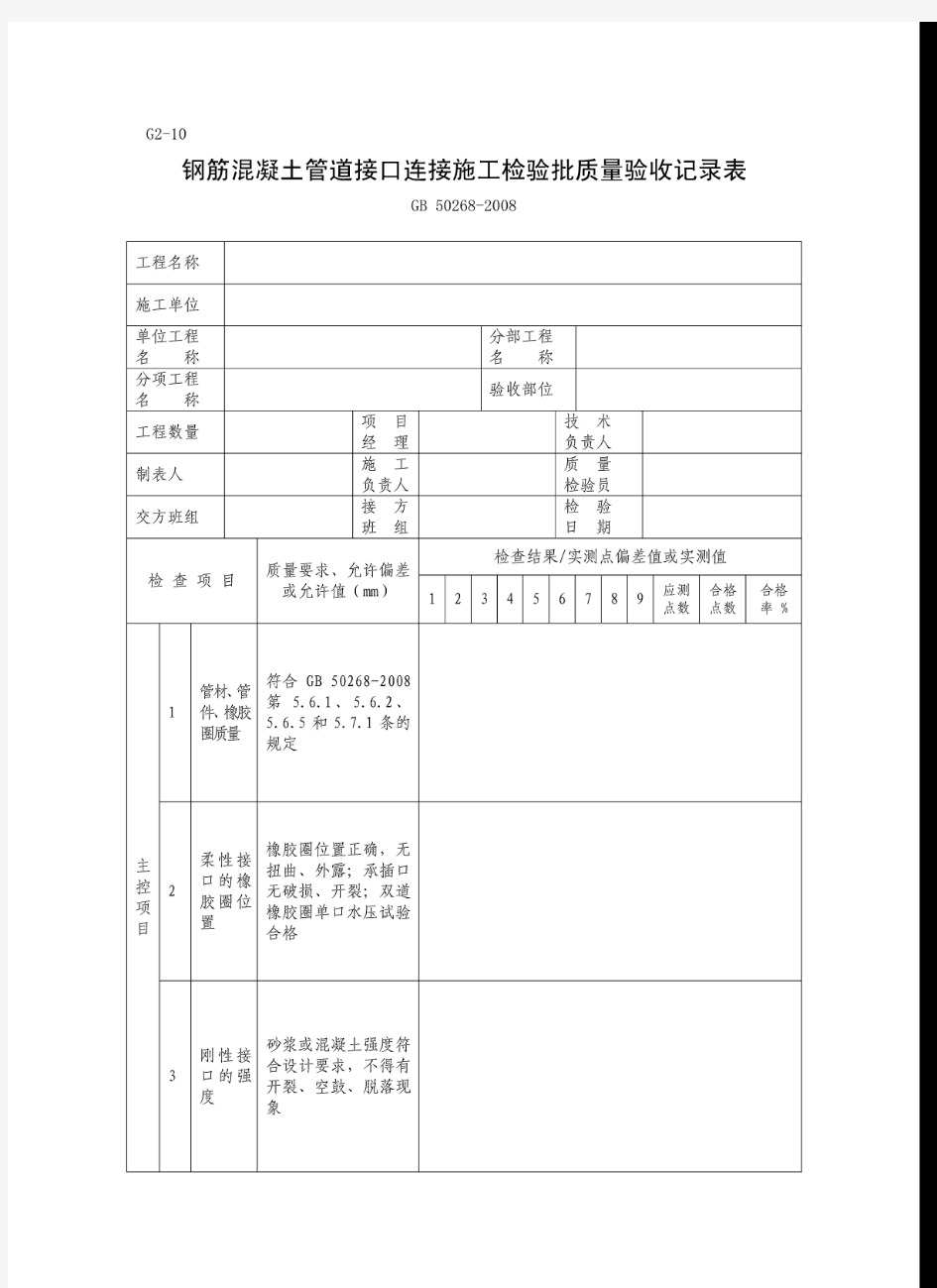 钢筋混凝土管道接口连接施工检验批质量验收记录表