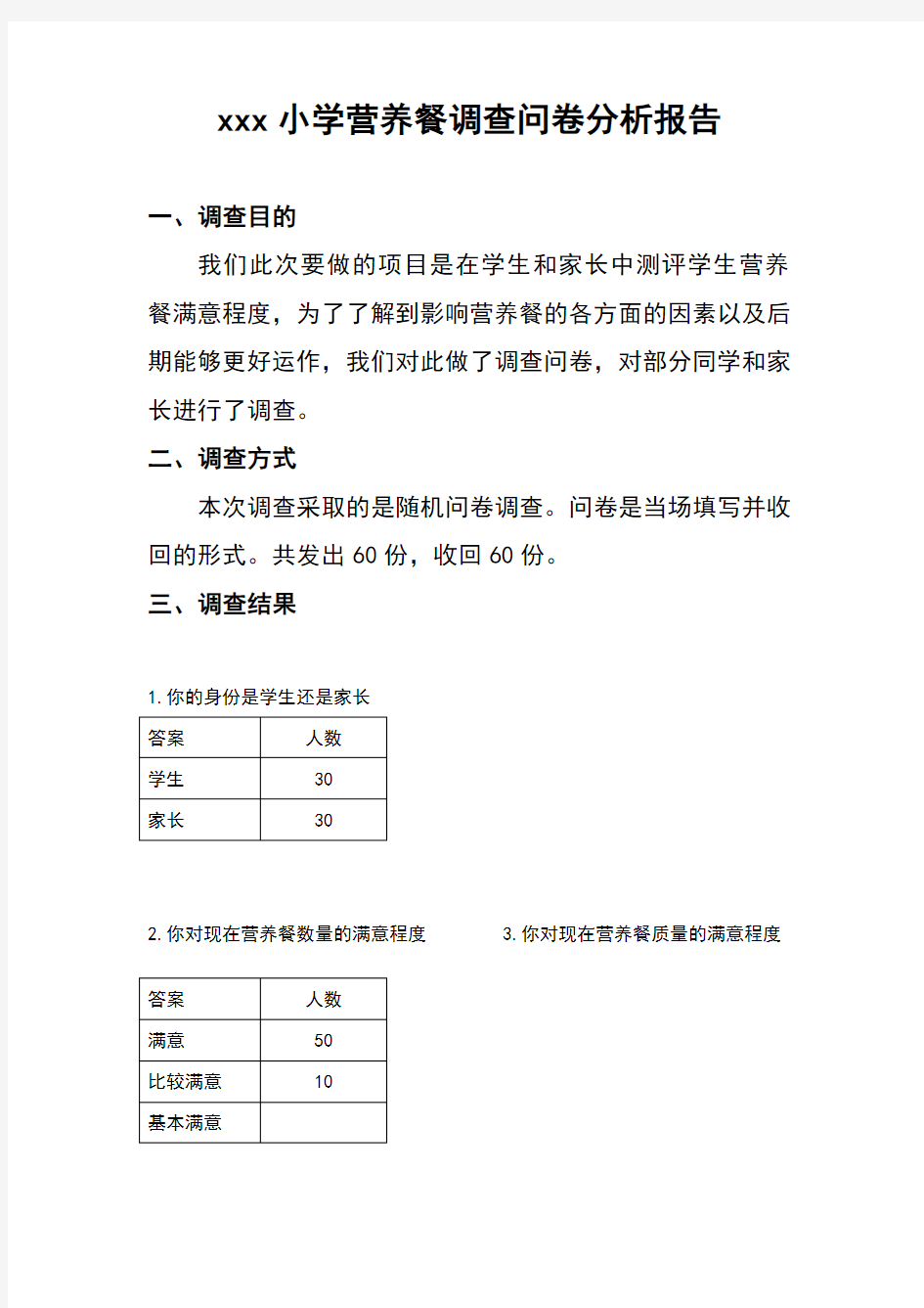 营养餐调查问卷分析报告