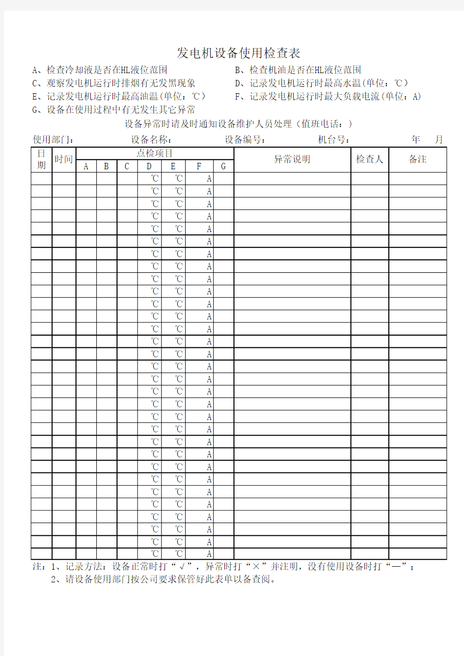 发电机设备使用检查表