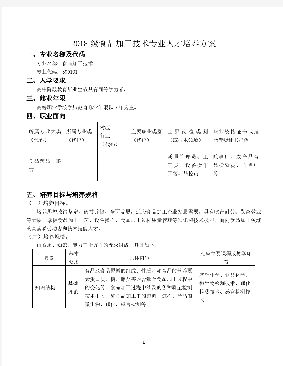 2018级食品加工技术专业人才培养方案