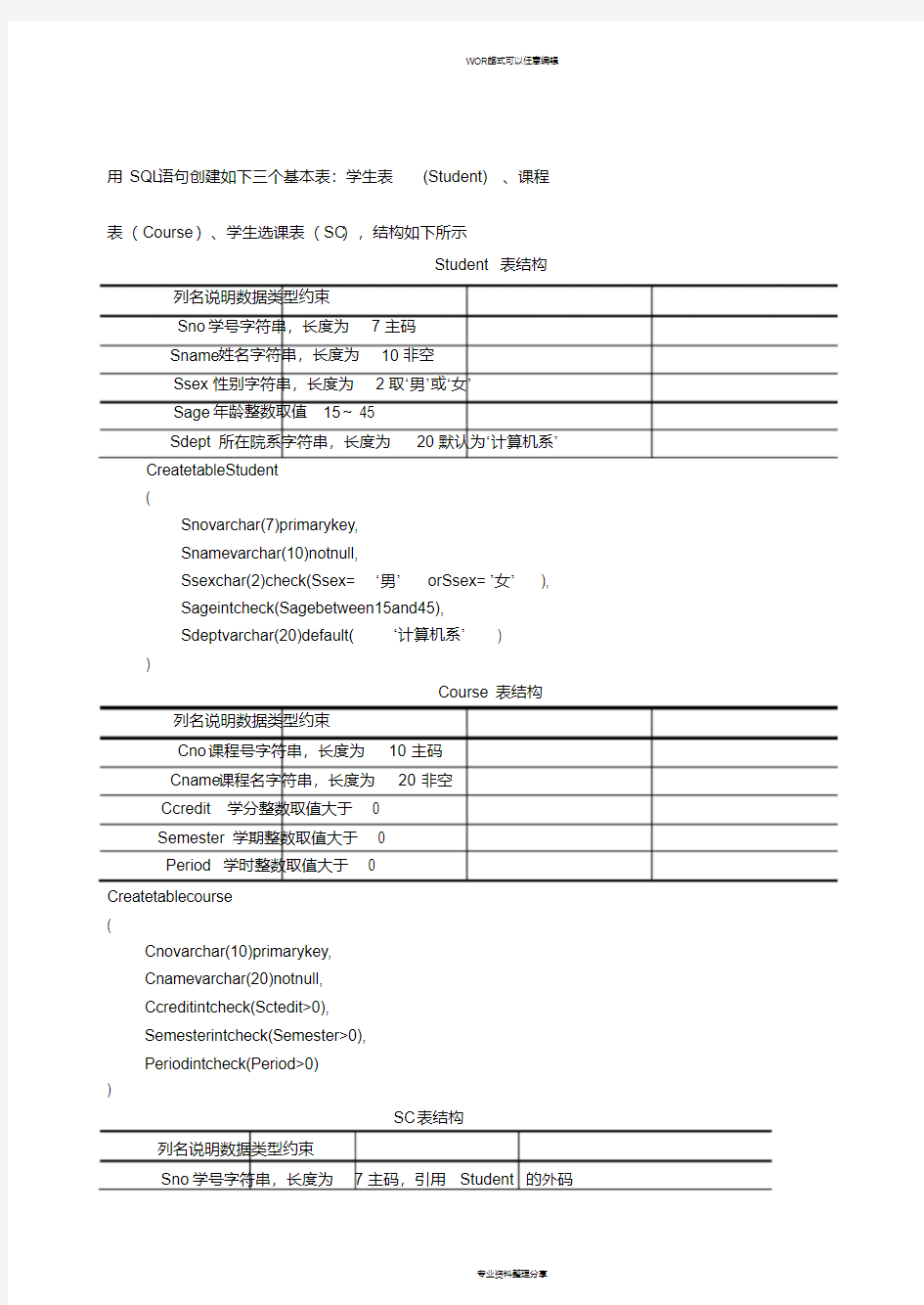 SQL语句创建学生信息数据库表地示例