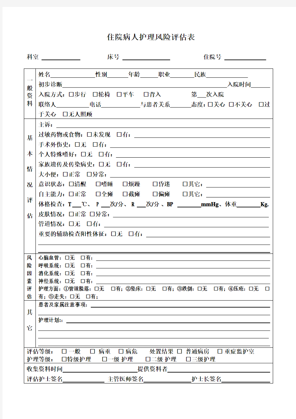 入院病人风险评估表(护理版)