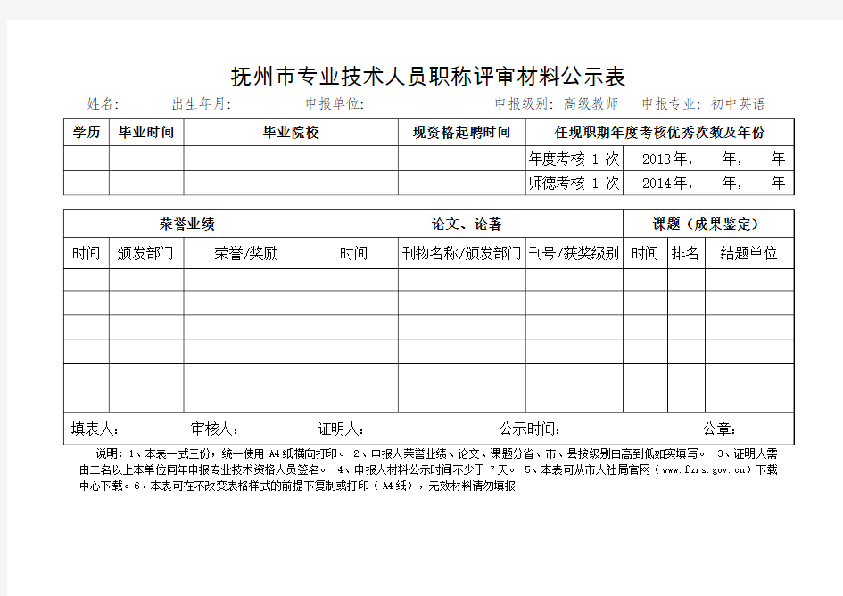 职称申报材料公示表(参考范本)