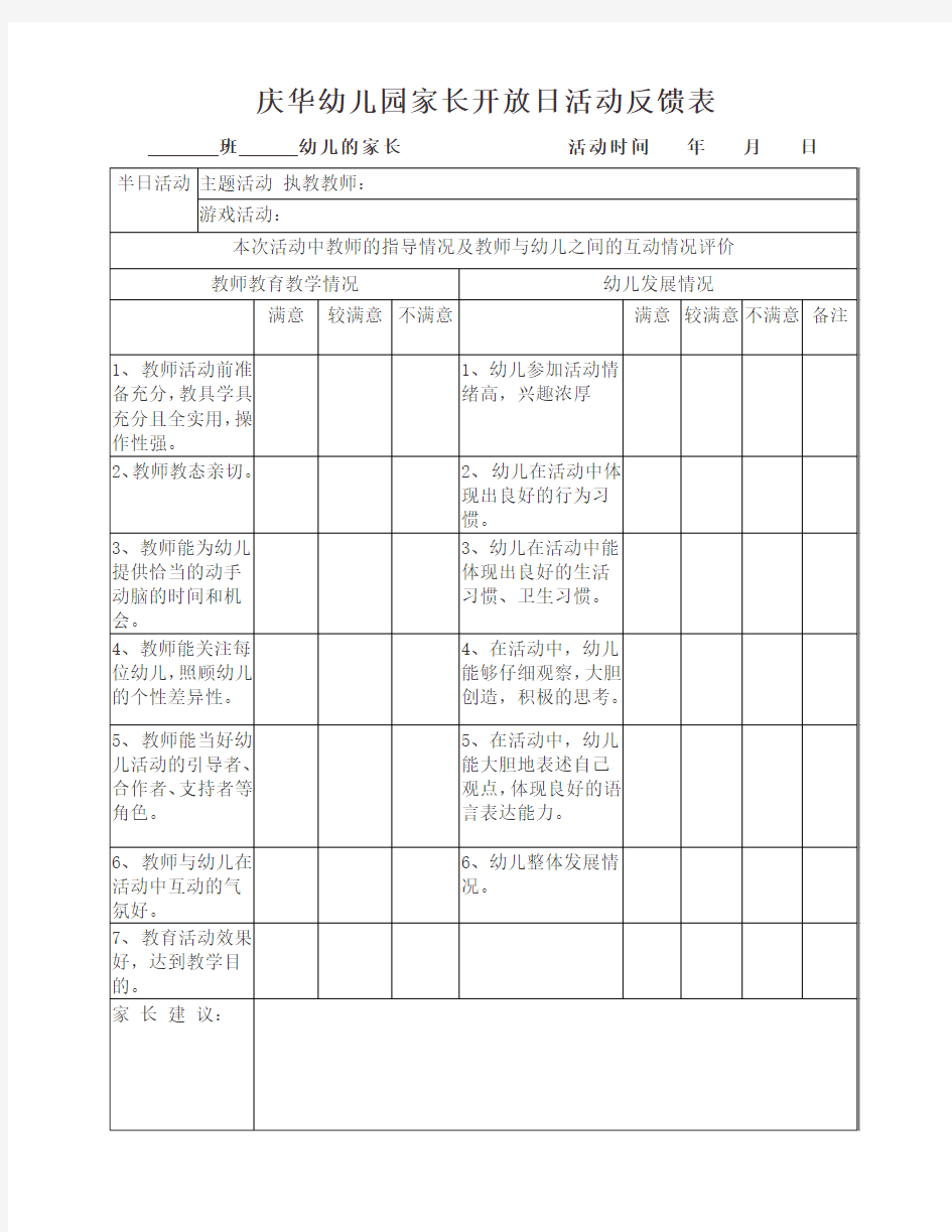 幼儿园家长开放日活动反馈表