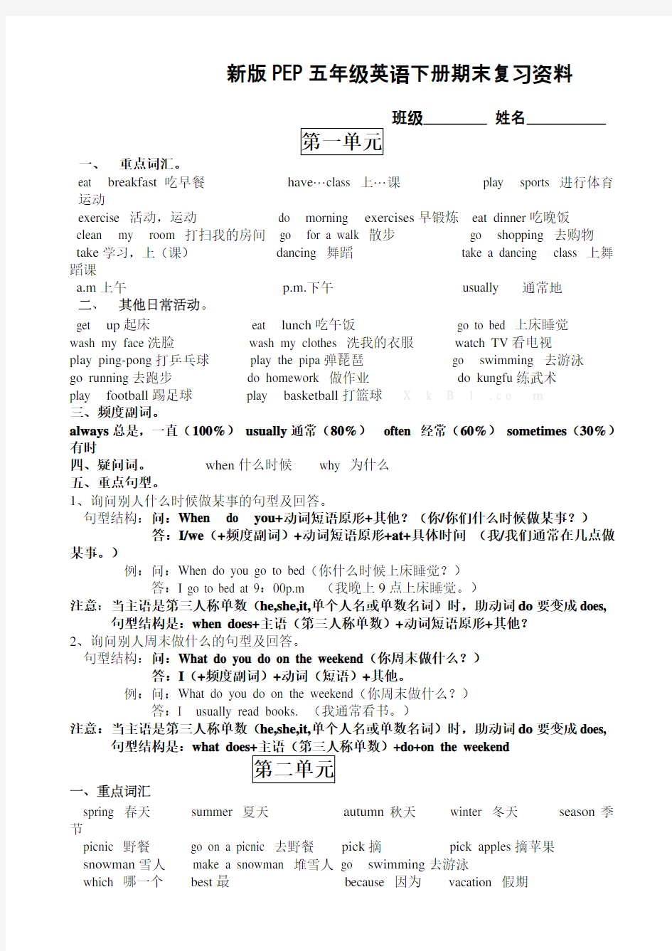 五年级英语下册期末复习知识点归纳