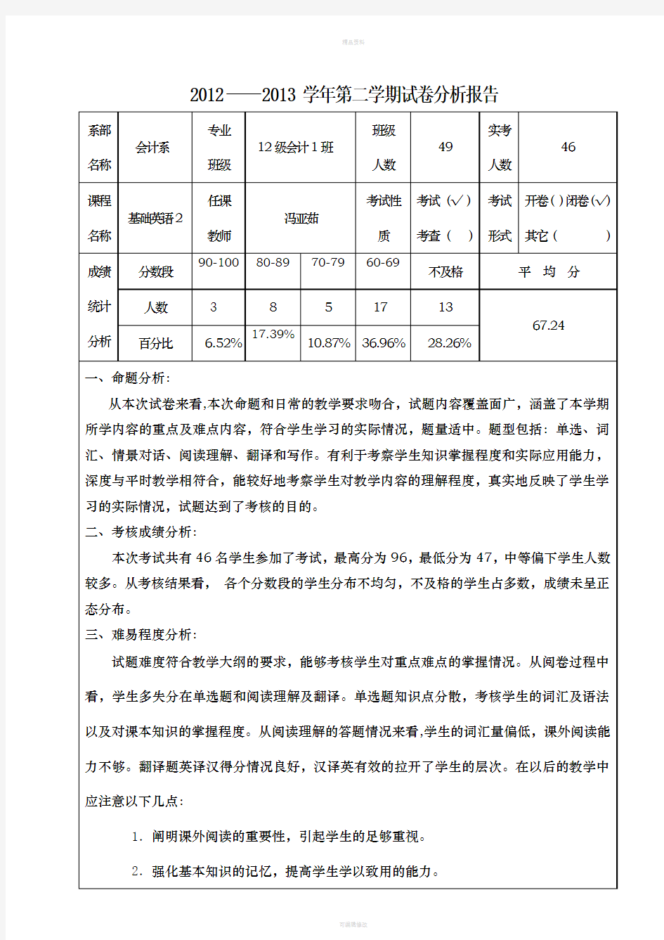 考试试卷分析报告