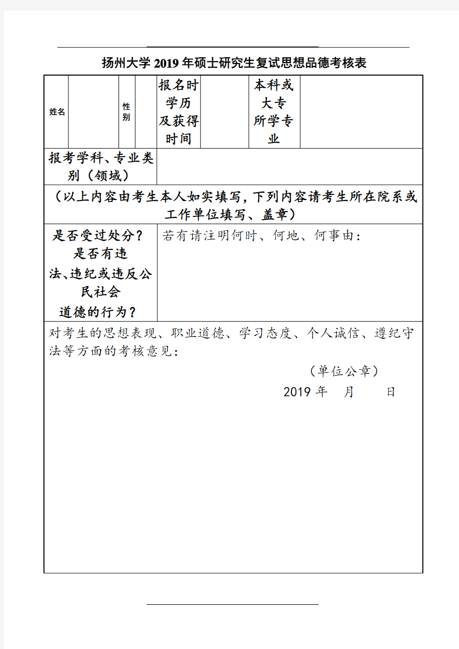 扬州大学硕士研究生思想品德考核表