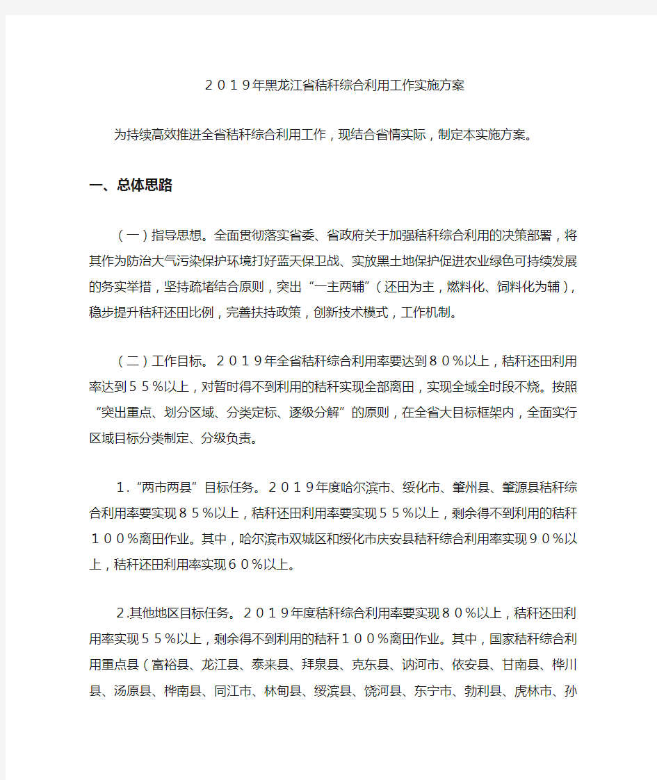 2019年黑龙江省秸秆综合利用工作实施方案