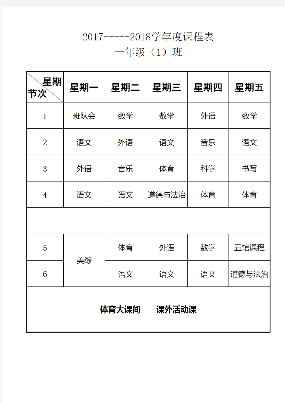 小学一年级下学期课程表