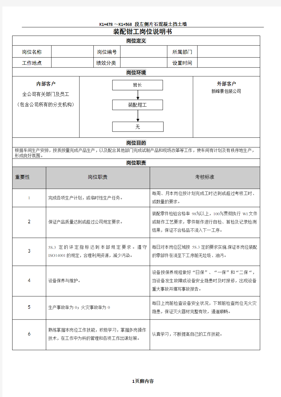 装配钳工岗位说明书