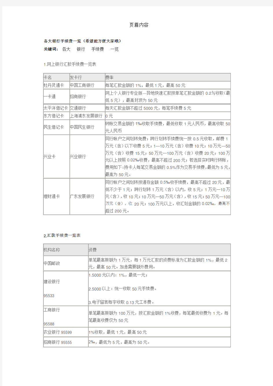 各大银行手续费一览