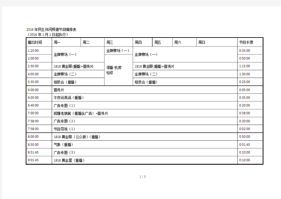 民生休闲频道节目编排表