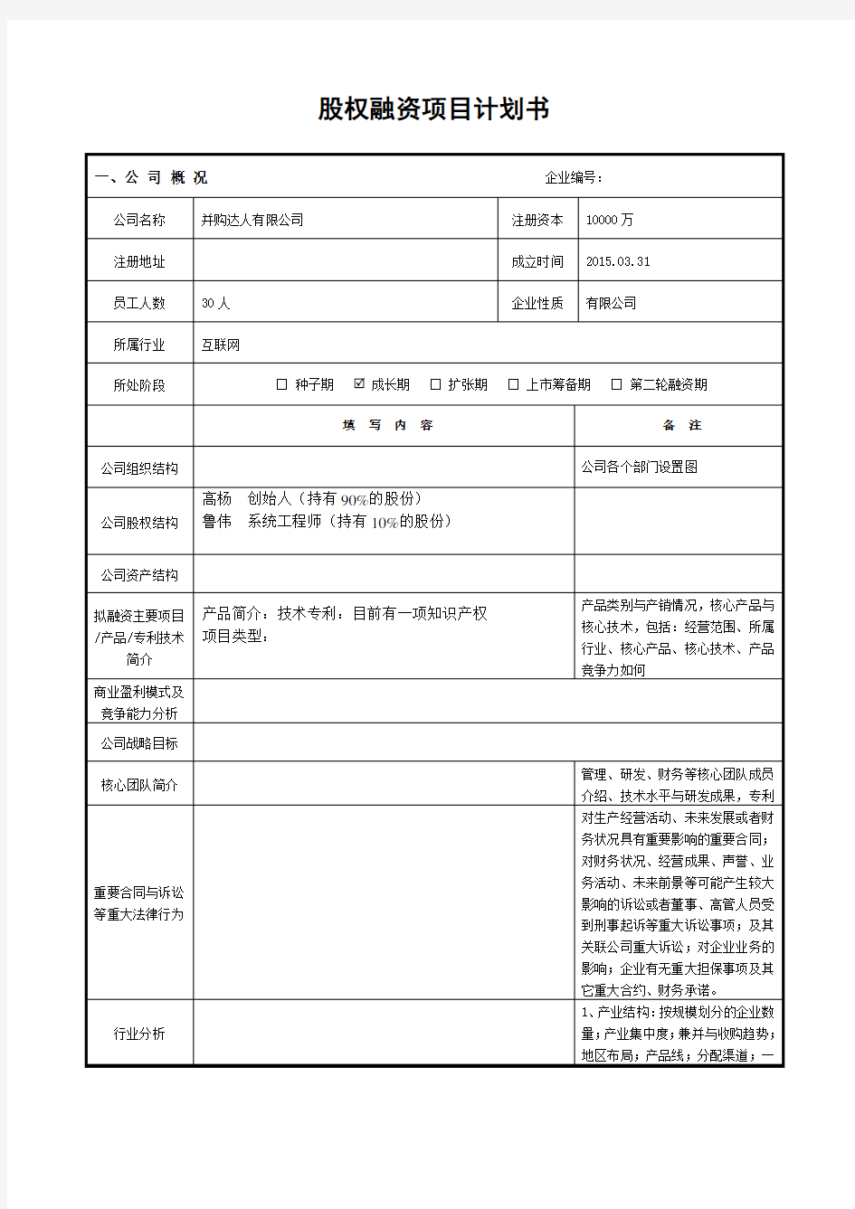 股权融资项目计划书(表格版)