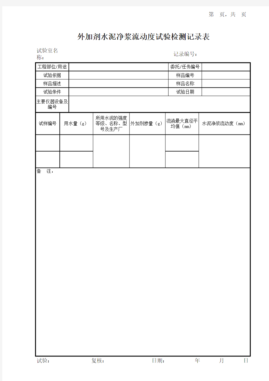 外加剂水泥净浆流动度试验记录表