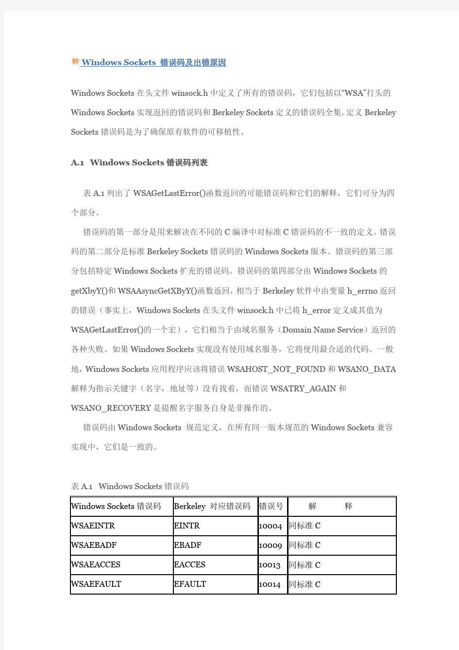 Windows Sockets 错误码及出错原因