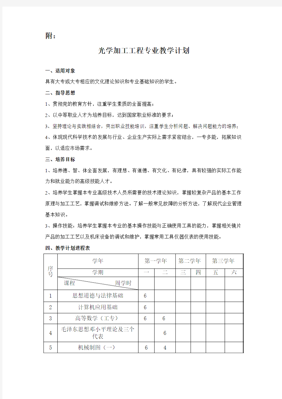 光学冷加工专业教学计划及要求