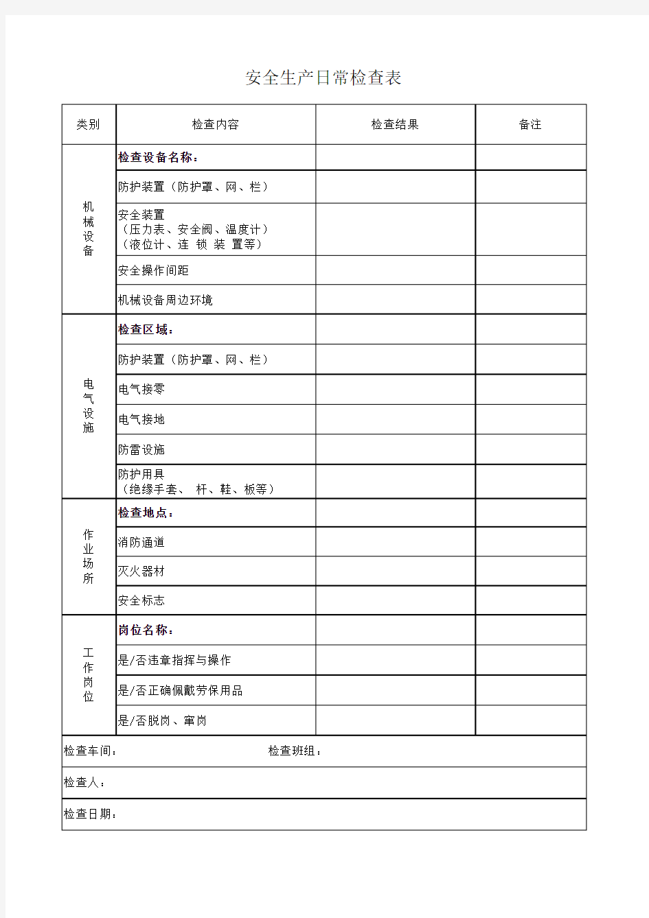 安全生产日常检查表