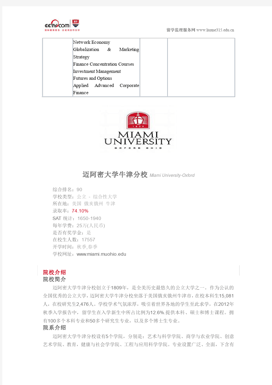 迈阿密大学牛津分校工商管理硕士专业