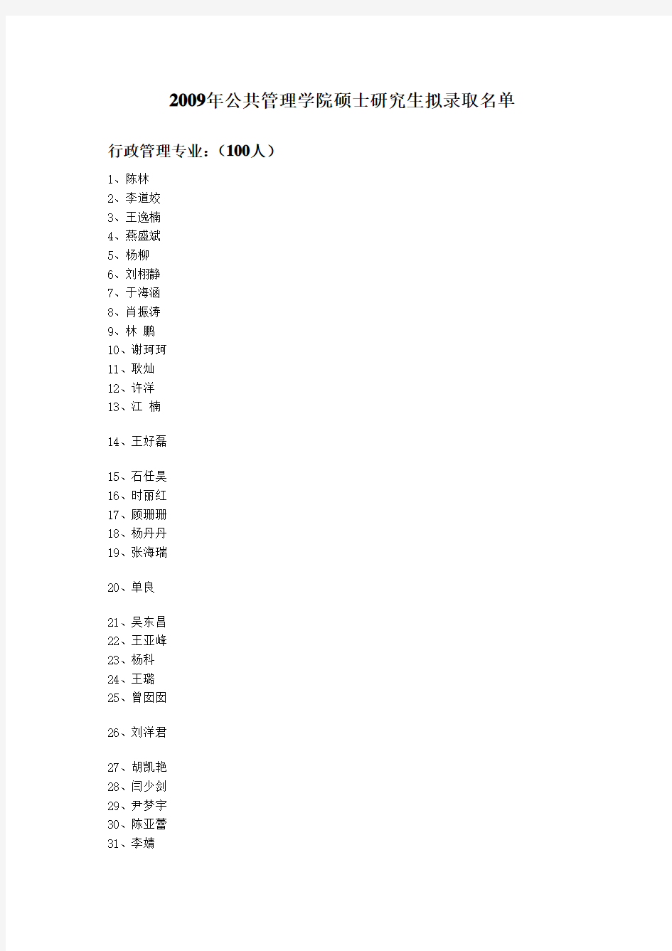 郑州大学2009年公共管理学院硕士研究生拟录取名单