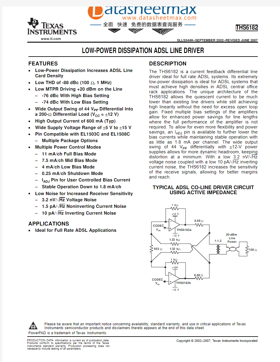IC datasheet pdf-THS6182,pdf(Low Power Dissipation ADSL Line Driver)
