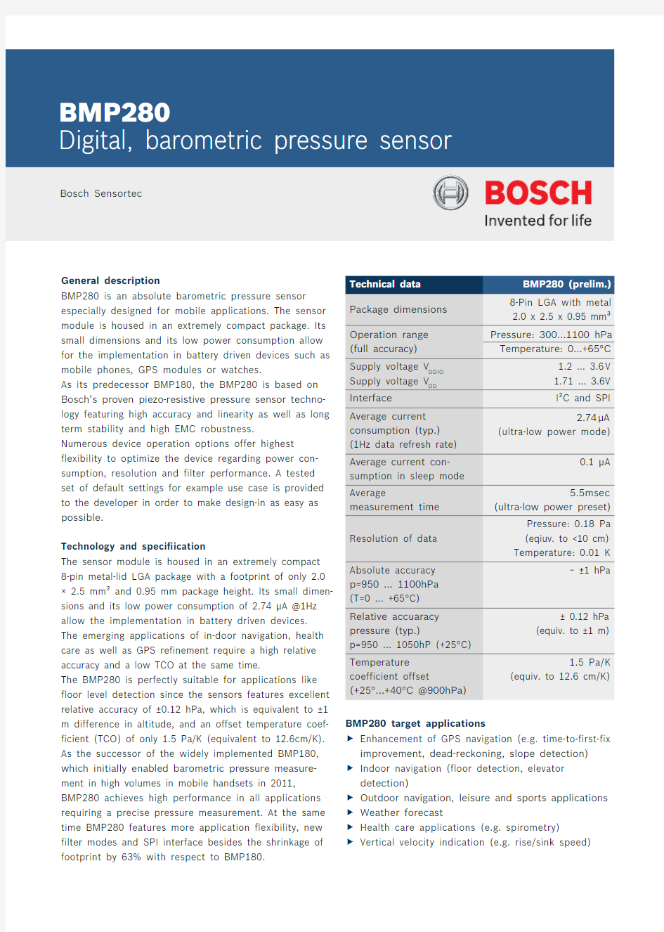 BOSCH气压传感器BMP280数据手册 Datasheet