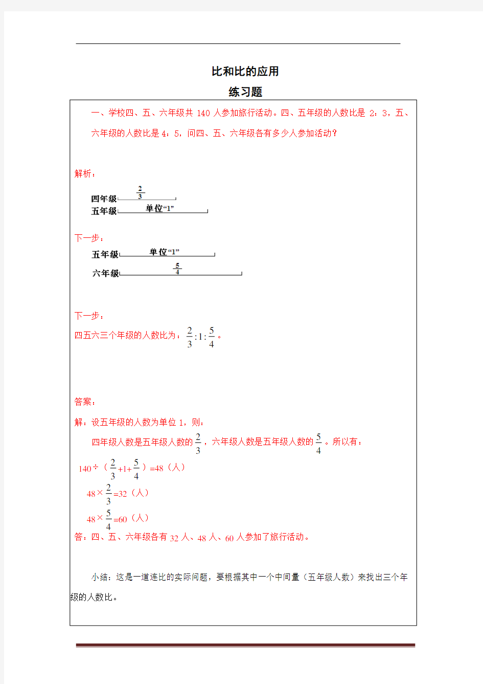 (完整)六年级数学比和比的应用练习题及答案