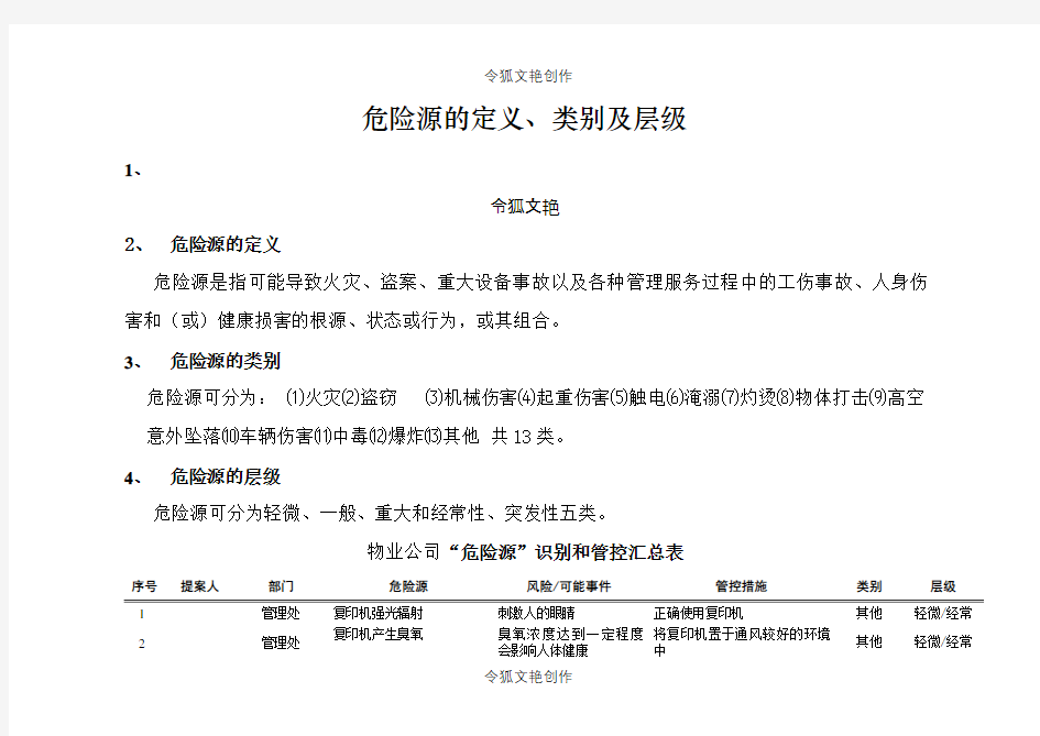 物业公司“危险源”识别和管控汇总表之令狐文艳创作