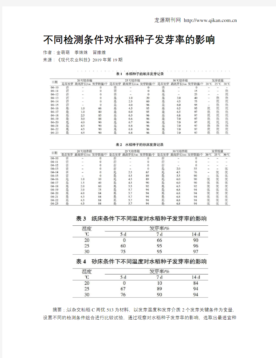 不同检测条件对水稻种子发芽率的影响