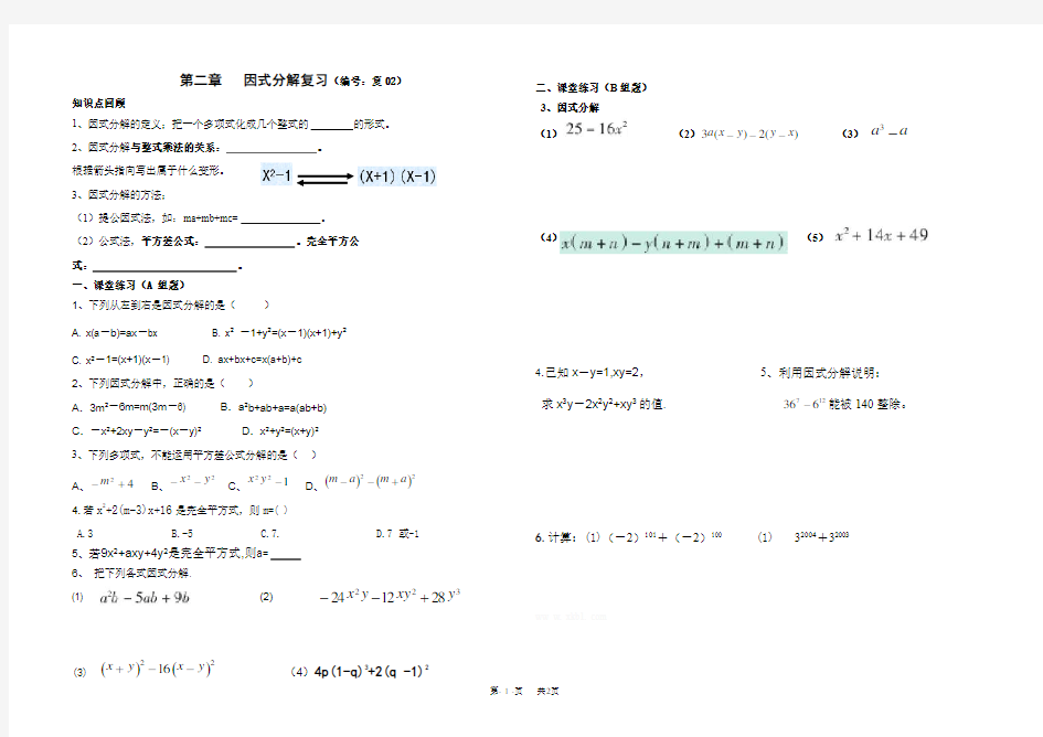 初中数学第二章因式分解复习