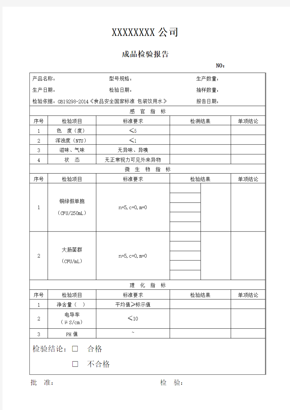 GB19298-2014纯净水成品检验报告