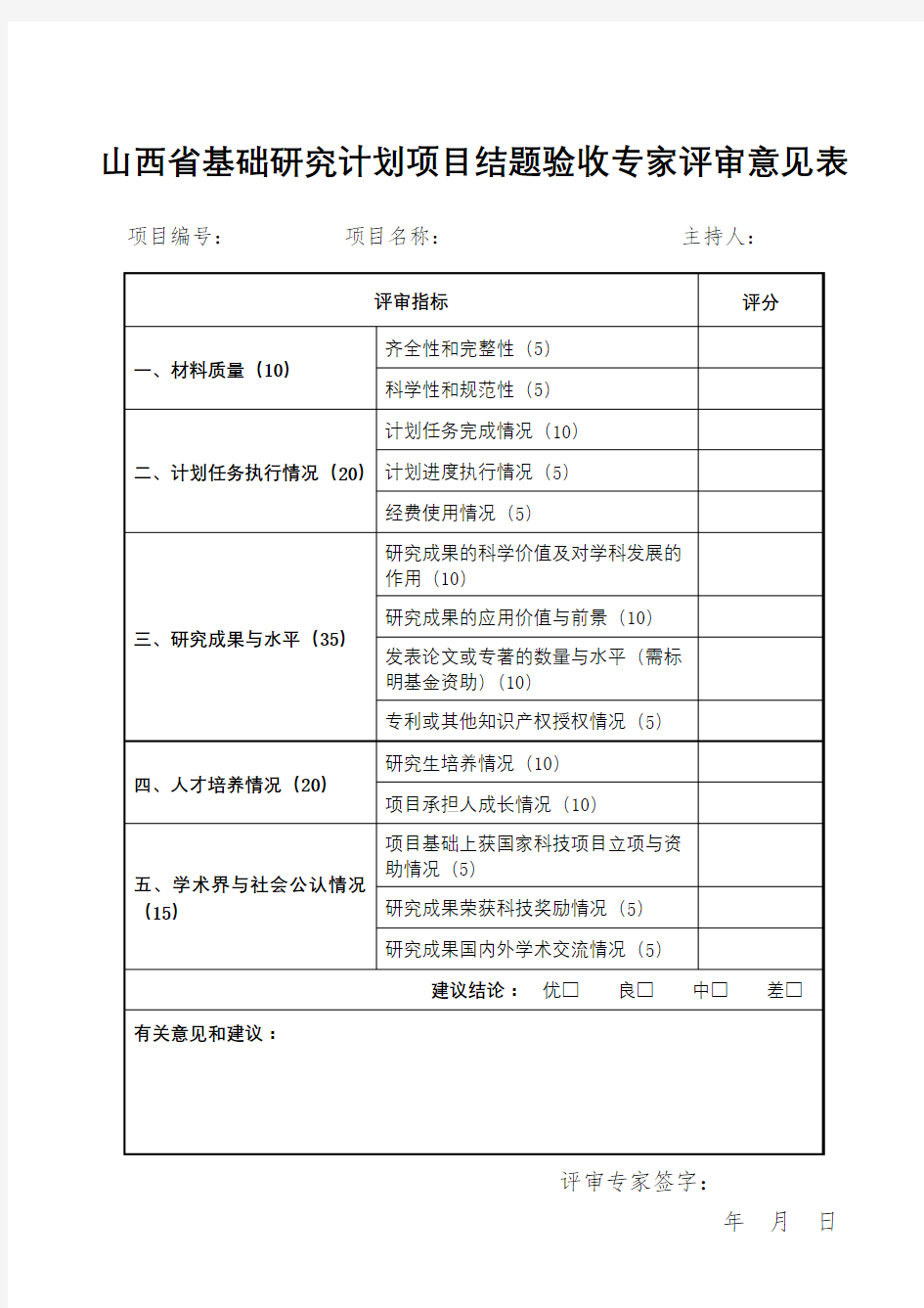 山西省基础研究计划项目结题验收专家评审意见表【模板】