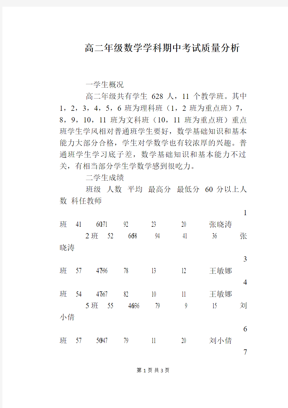 高二年级数学学科期中考试质量分析