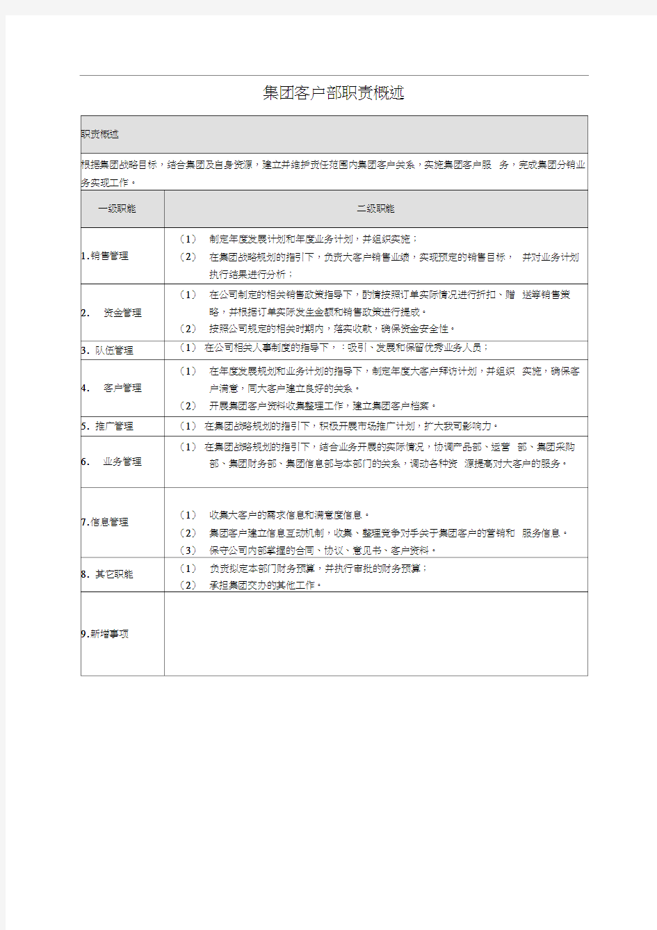 集团客户部部门职责概述及岗位说明书