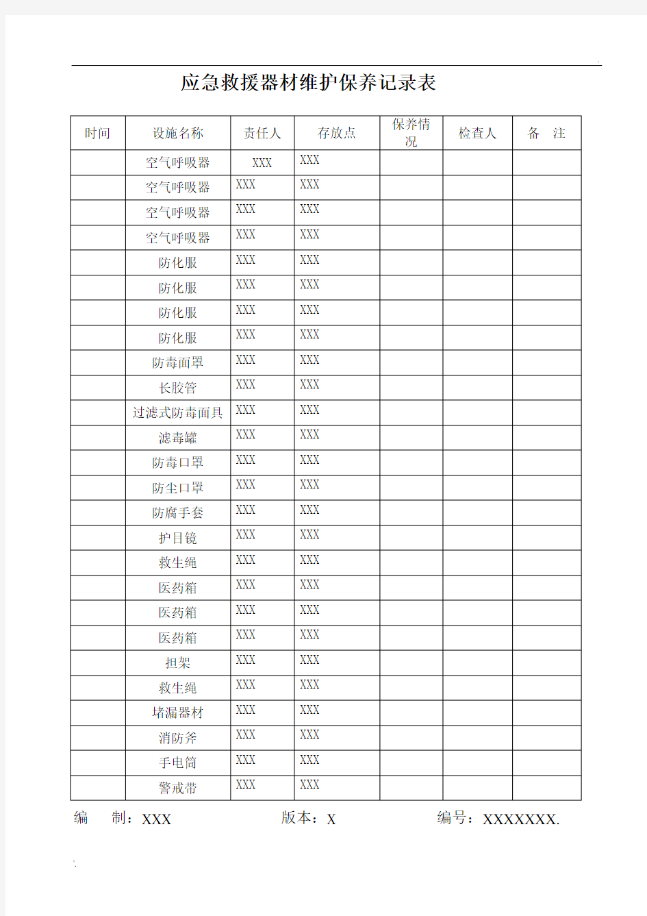 应急救援器材维护保养记录表