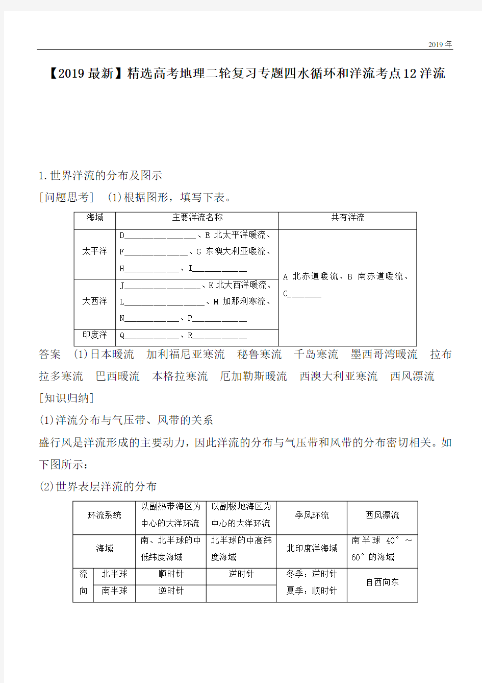 2020高考地理二轮复习专题四水循环和洋流考点12洋流