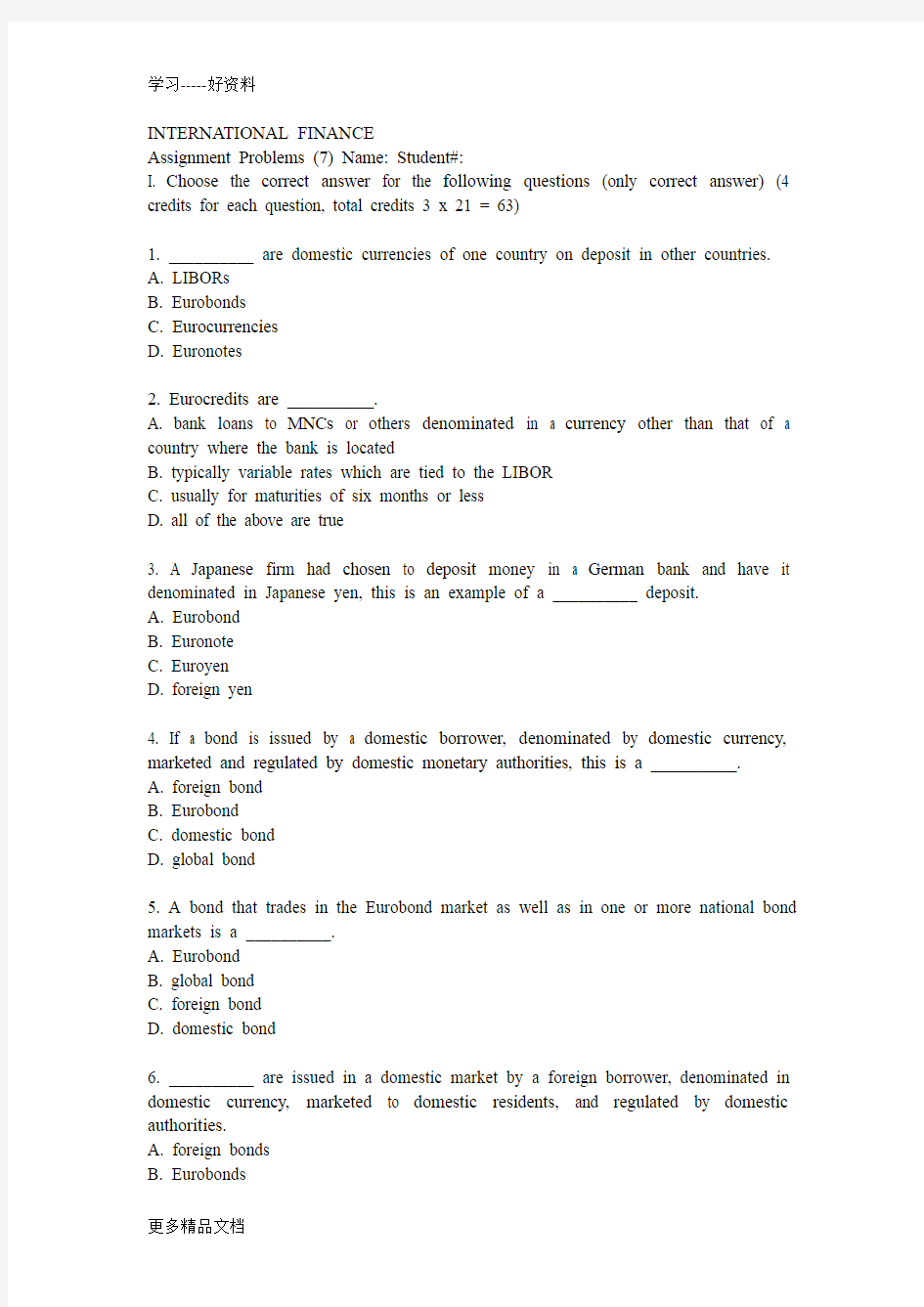 国际金融英文版试题chapter7汇编