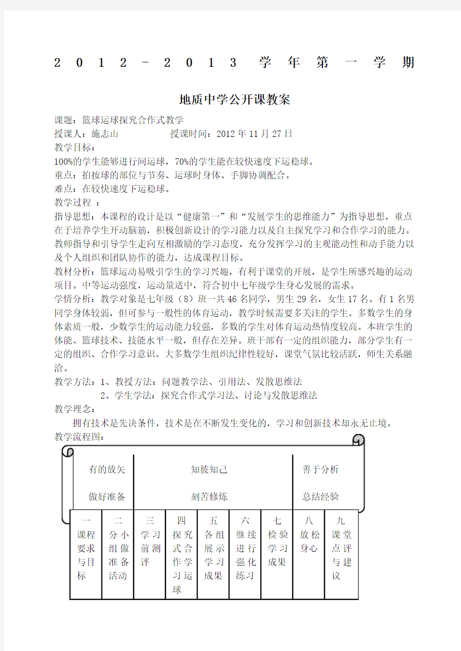 体育公开课教案及课后反思篮球)