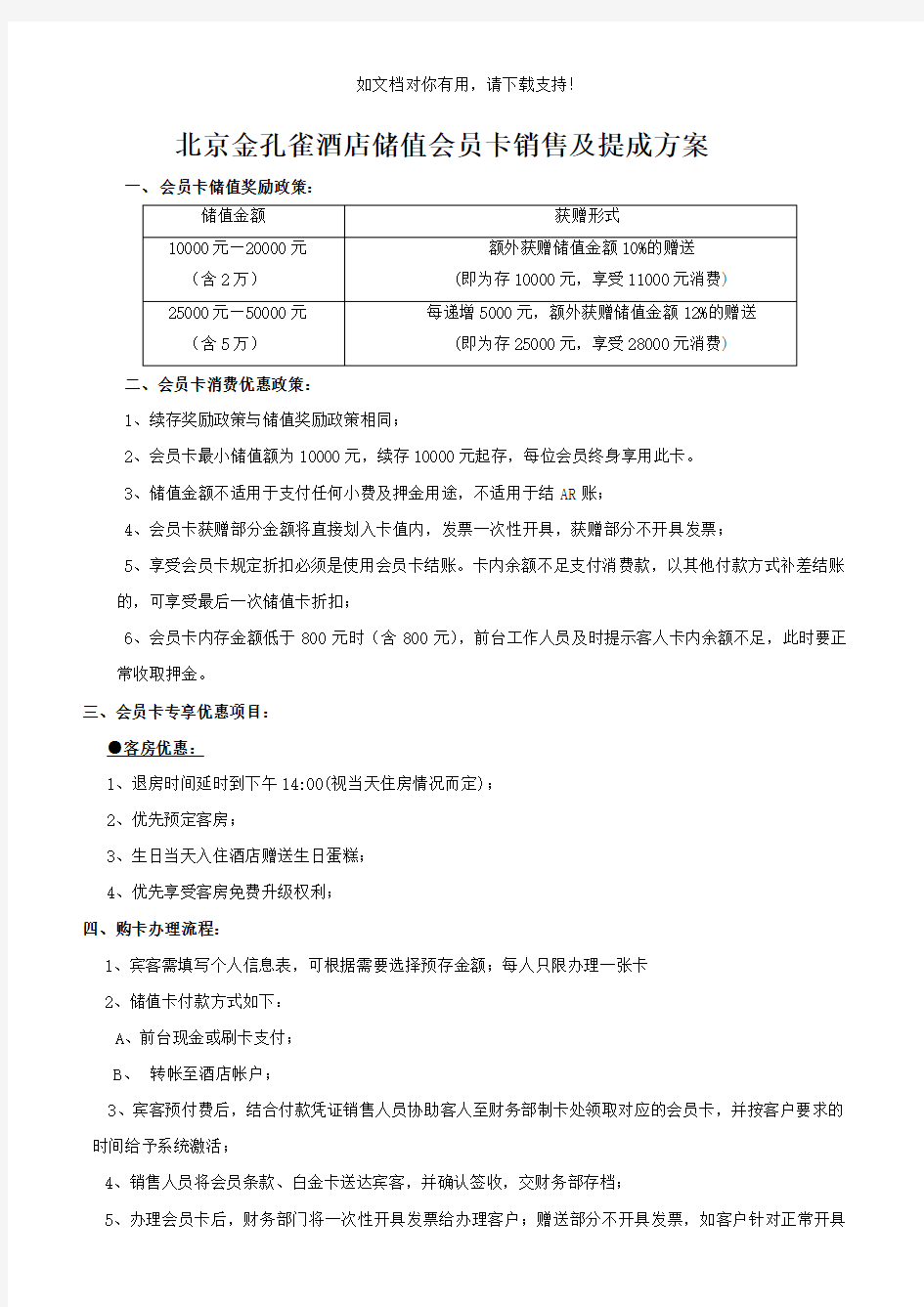 酒店储值会员卡销售及提成方案