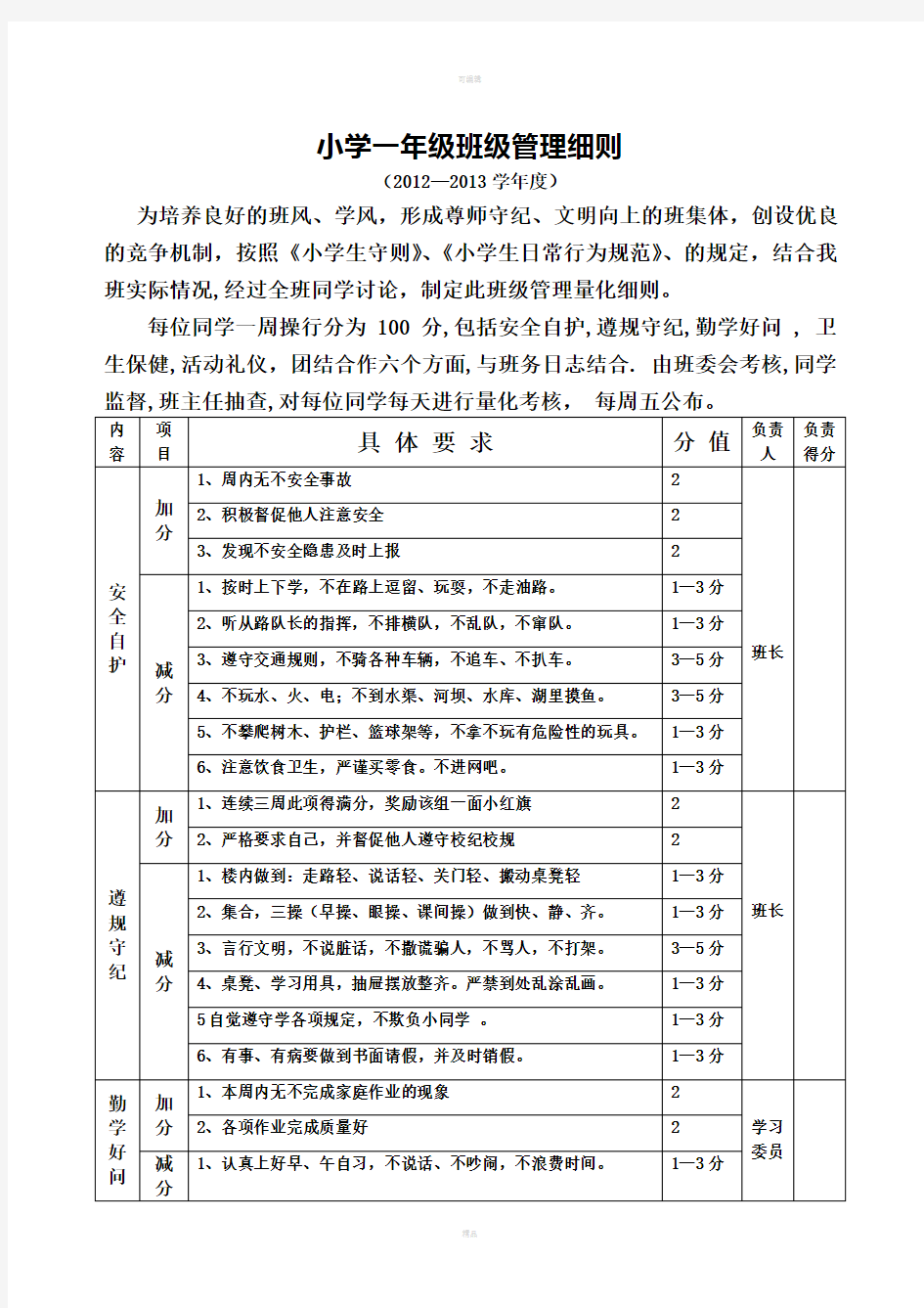 小学一年级班级管理细则