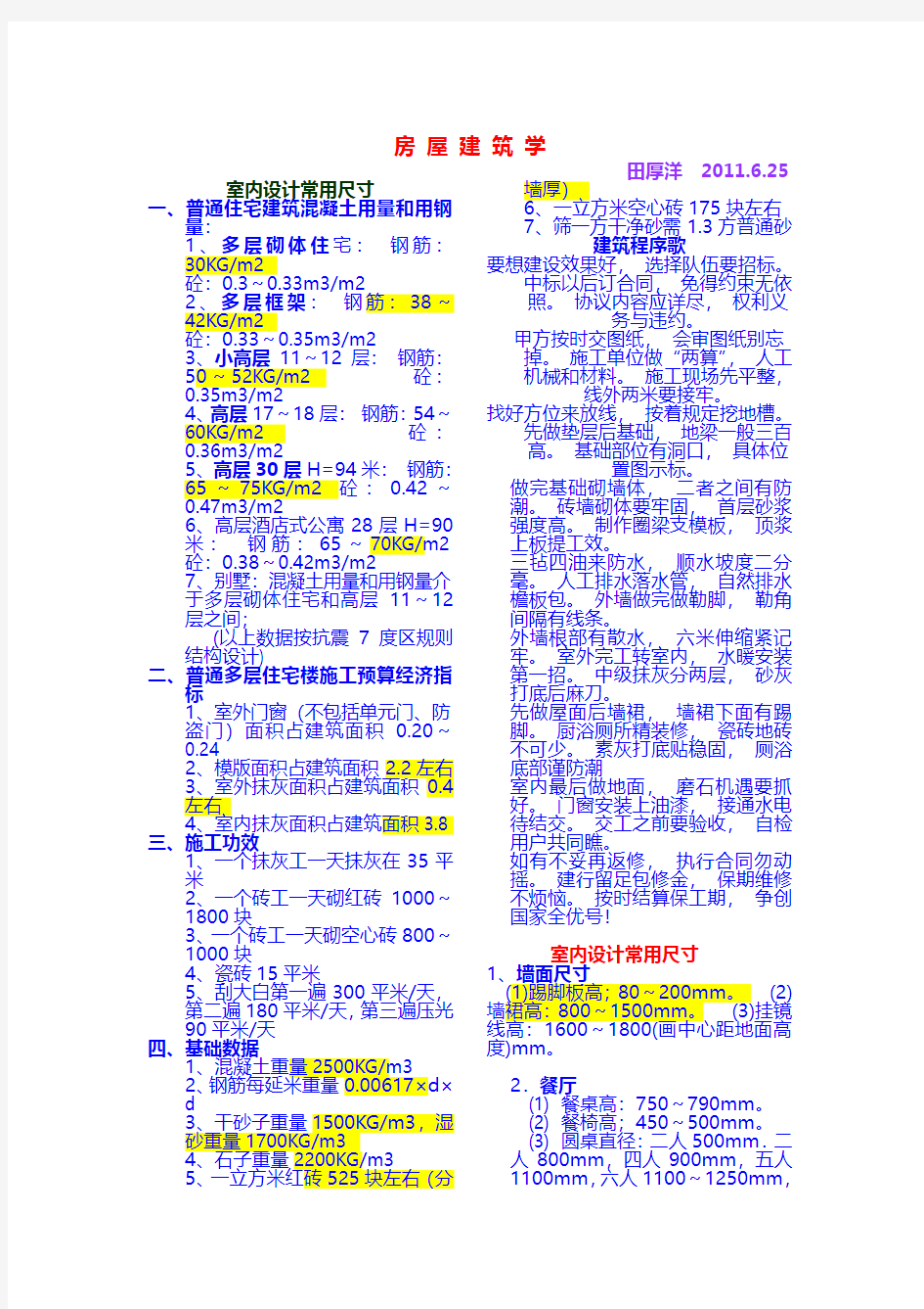 房屋建筑学常用数据 常用数据