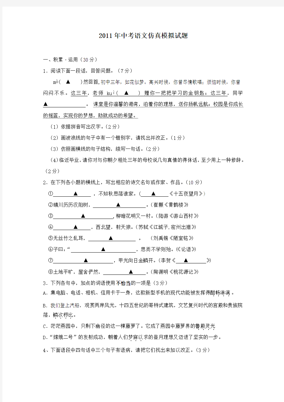 《中考语文仿真模拟试题二及答案》